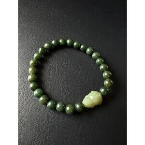 Natural Jade Pixiu Bracelet Dark Green Jade Beads 7mmWealth Protection 16cm